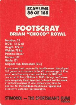 1989 Scanlens VFL #86 Brian Royal Back